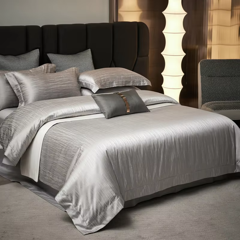 4Pcs Luxury Jacquard Egyptian Cotton Grey Bedding Set Soft Silky Duvet Cover Set, Bed Linen/Fitted Sheet, Pillowcases, Bed Set