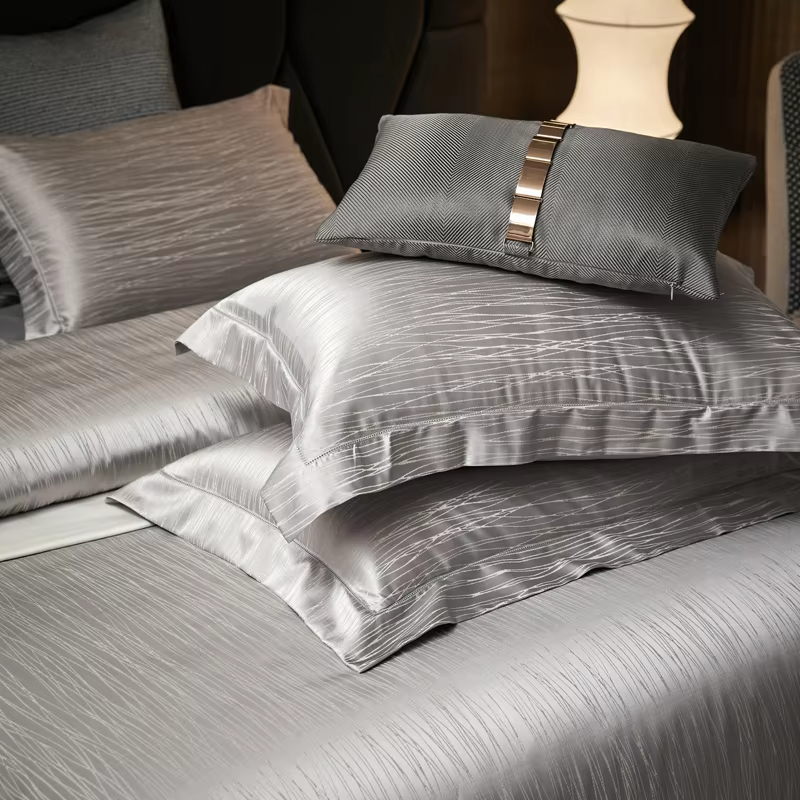 4Pcs Luxury Jacquard Egyptian Cotton Grey Bedding Set Soft Silky Duvet Cover Set, Bed Linen/Fitted Sheet, Pillowcases, Bed Set