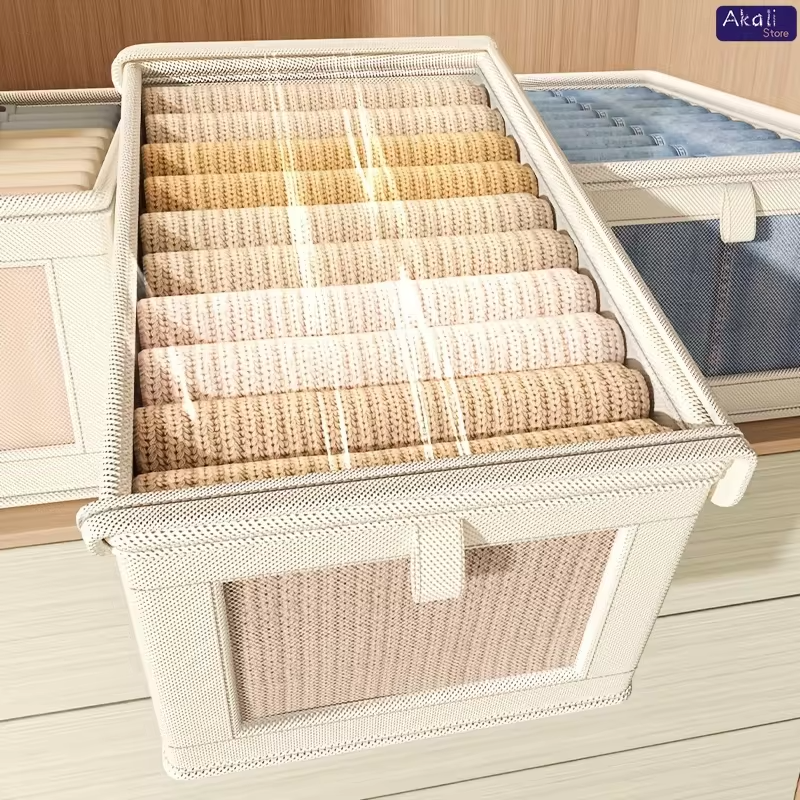 Large Canvas Storage Box with Clear Window Thickened Foldable Clothes Organizer with Lid Home Dustproof Storage Box