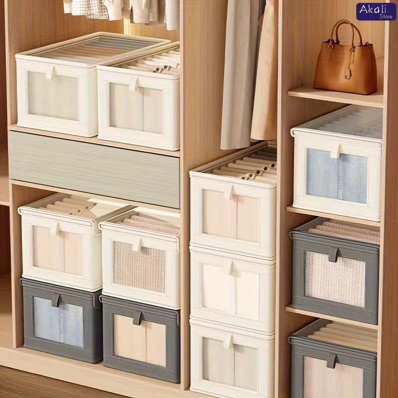 Large Canvas Storage Box with Clear Window Thickened Foldable Clothes Organizer with Lid Home Dustproof Storage Box