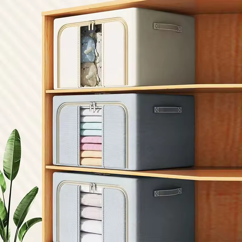1PC 24/66/100L Large capacity clothes basket Steel frame foldable clothes storage box Cotton quilt hat scarf  Wardrobe organizer