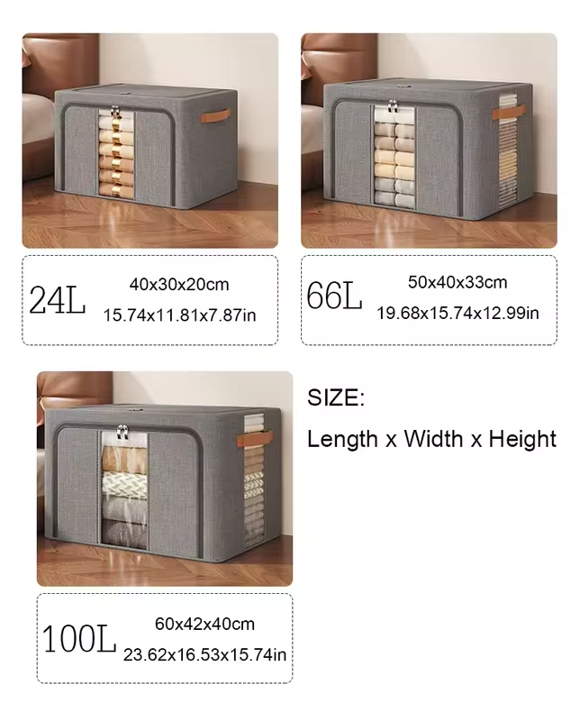 1PC 24/66/100L Large capacity clothes basket Steel frame foldable clothes storage box Cotton quilt hat scarf  Wardrobe organizer
