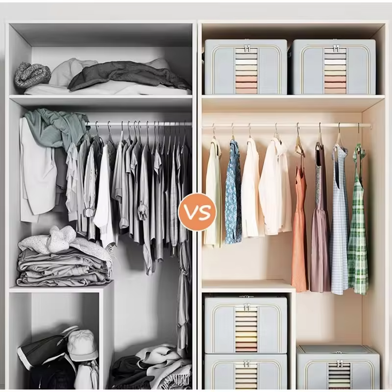 1PC 24/66/100L Large capacity clothes basket Steel frame foldable clothes storage box Cotton quilt hat scarf  Wardrobe organizer