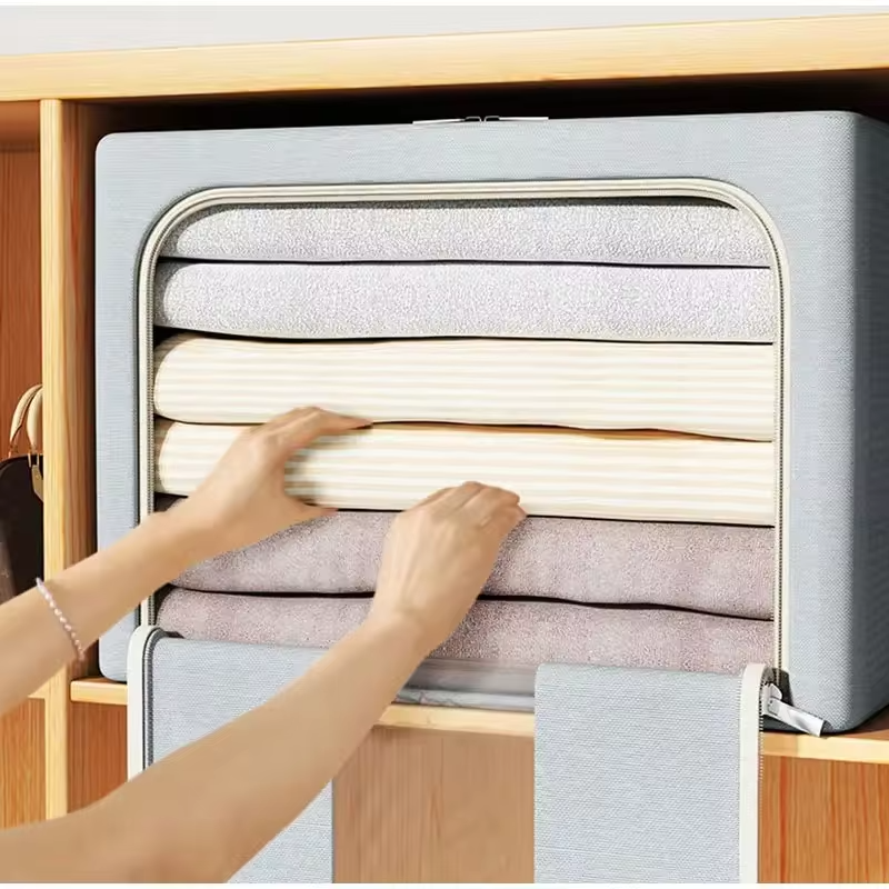 1PC 24/66/100L Large capacity clothes basket Steel frame foldable clothes storage box Cotton quilt hat scarf  Wardrobe organizer
