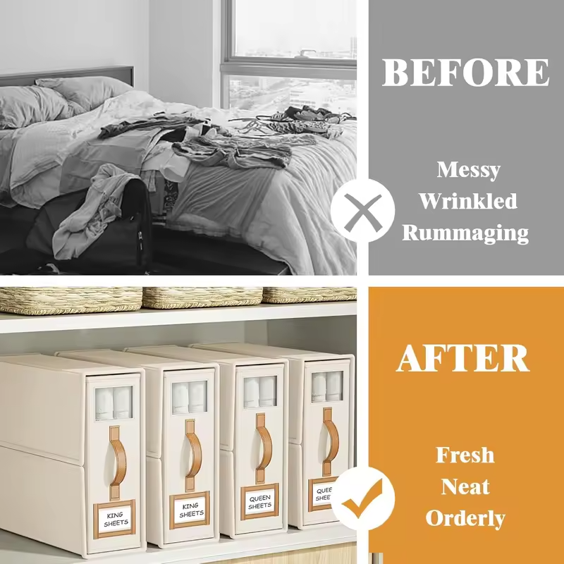 Foldable Bed Sheets Set Organizers,Linen Fabric Closet Organizers with Window,Bedding Storage Box for Bedsheets and Pillow
