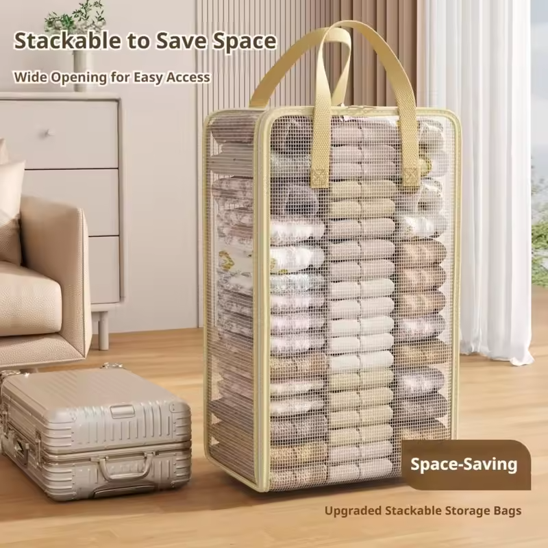Transparent PVC Clothes Storage Bag Large Capacity Foldable Quilt Organizer with Reinforced Handles Dustproof Wardrobe Organizer
